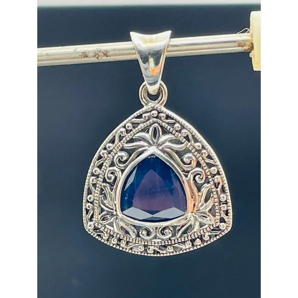 Sterling Silver Sapphire Pendant 7.00 CT Trillion Cut 1.65